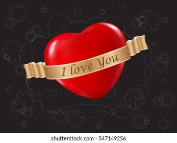 Big red heart and the text I love you on a black background