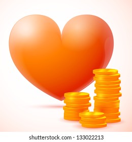 big red heart with three stack of coins