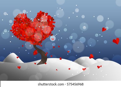 Big red heart tree on snow hill in the winter with blue background and snow bokeh