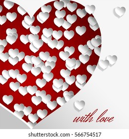Big red heart vector illustration and white small hearts on white background for valentine's day, mother's day or women's day greeting card, paper cut out art style. Caption with love