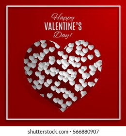 Big red heart vector illustration and white small hearts on red background with frame for valentines day greeting card, paper cut out art style