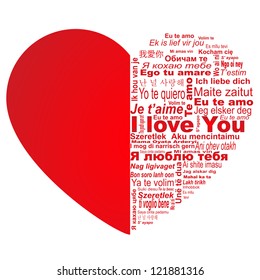 Big red heart with words "I love you" in all languages of the world