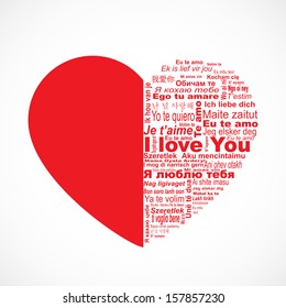 Big red heart with words "I love you" in all languages of the world. Isolated on white background.