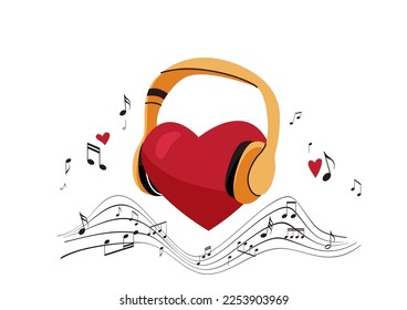 Big red heart in yellow headphone, music notes at the air in flat cartoon style. Love banner background design. Listen to your heart vector illustration.