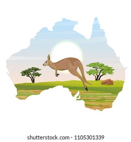 Big red kangaroos is jumping on Australian plain. Wild nature of Australia. Realistic vector landscape in the form of a map of the continent. Endemic animals and plants. Travel