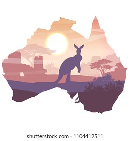 Big red kangaroos on the Australian plain. Wild nature of Australia. Realistic vector landscape in the form of a map of the continent Australia. Silhouettes of animals and plants. Travel
