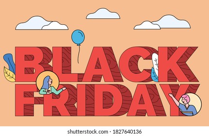 Große rote Briefe mit Werbung. Black Friday Verkauf in Geschäften und Geschäften. Die Leute stehen auf roten Briefen mit Beförderung. Gute Angebote und Rabatte auf Produkte, beste Preise. Vektorförderbanner