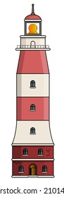 Big red lighthouse. Vector illustration isolated on white background.