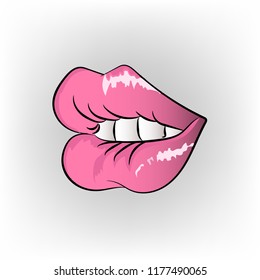 Big red lips track on white background. Sexy biting lips. Red mouth with white teeth isolated on white. Female beautiful lips with pink lipstick. Vector illustration of sensual lips and ideal teeth