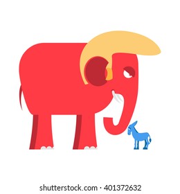 Big Red Elephant and little blue donkey symbols of political parties in America. Democrats against Republicans. Opposition to USA policy. Symbol of state debate. American elections
