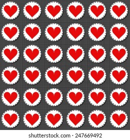 big red lonely heart badges lovely sewed romantic Valentines Day seamless pattern on gray background