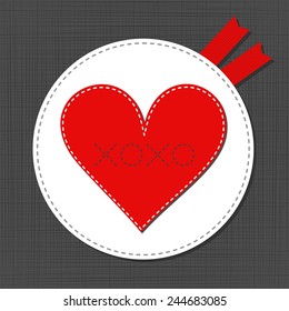 big red lonely heart lovely sewed romantic Valentines Day card on gray background