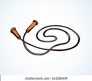 Big red modern jumprope isolated on white backdrop. Bright color hand drawn picture sketchy in art retro scribble style. Close up top view with space for text