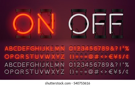 Big red neon set glowing alphabet with numbers and punctuation marks. Vector On, Off lamp isolated on dark cherry color background.