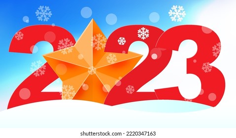 Big red numbers 2023 in the snow. New Year 2023 background. Christmas greeting card template. 3D vector illustration.
