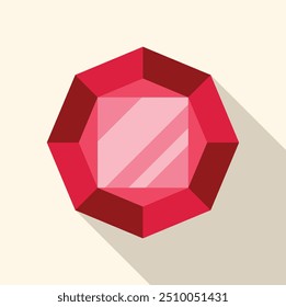 Big red octagon jewel shining brightly in flat design style with long shadow