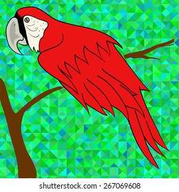 Big Red Parrot Sitting on a Branch on Green Polygonal Background.