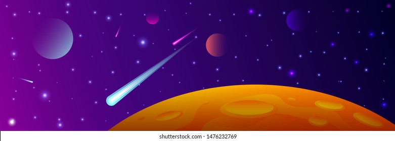 Big red planet with craters. Mars vector illustration. Space background with stars, planet and comets. Decoration for your design. Eps 10