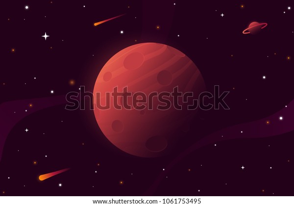 Big red planet with craters. Mars vector\
illustration. Space background with stars, planet and comets.\
Decoration for your design. Eps\
10.