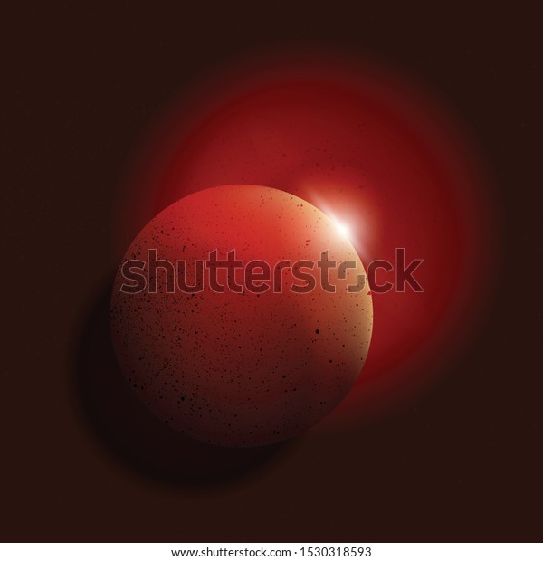 Big red planet with craters. Mars vector\
illustration. Space background with stars, planet and comets.\
Decoration for your design