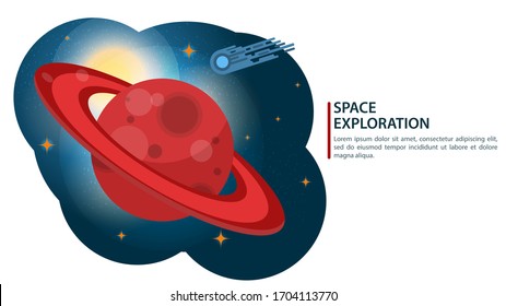 Big red planet, with rings, Saturn, in space, design concept, flat vector illustration