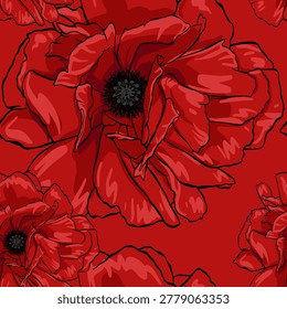 Big red poppies vector seamless pattern. Bright blooming flower print. Outline hand drawn floral element. Simple botanical background. Ink contour art. Graphic plant design. Lush open bud top view