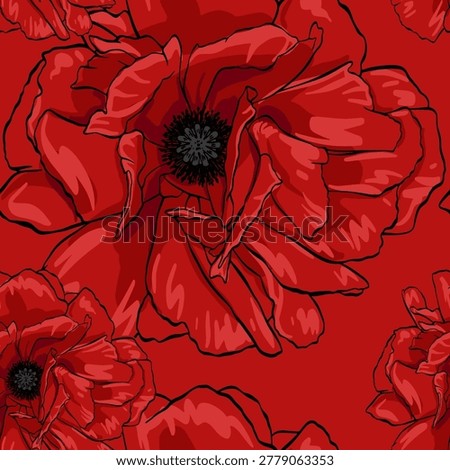 Big red poppies vector seamless pattern. Bright blooming flower print. Outline hand drawn floral element. Simple botanical background. Ink contour art. Graphic plant design. Lush open bud top view