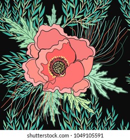 Big red poppy flower vector seamless pattern. Floral background.