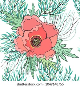 Big red poppy flower vector seamless pattern. Floral background.