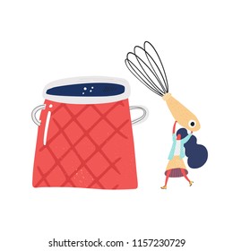 Big red pot and small lady with a wire whisk. Cooking illustration. Cartoon style.