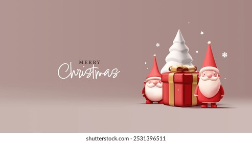 Big red present, white Christmas tree, Santa and his helper. Banner for Christmas, New Year concepts. Great gifts for the holidays. Vector illustration.