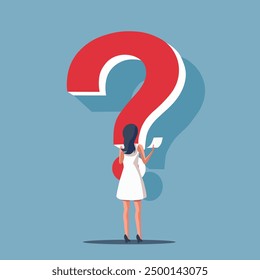 Big red question mark in front of a girl or woman. problem solving, finding an answer to a question, great punctuation among people around, research and search. Characters vector illustration