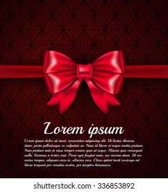 Big red ribbon bow on the rich classic dark pattern background with place for your text. Vector illustration