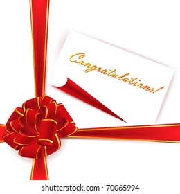 big red ribbon bow over white background with congratulations template