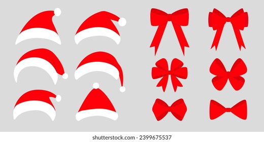 Big red ribbon bows. Christmas bow icon set. Red Santa Claus hats cap. Santa hat icon set. Decoration for giftbox present. Merry Christmas, New Year sign symbol. White background. Flat design. Vector