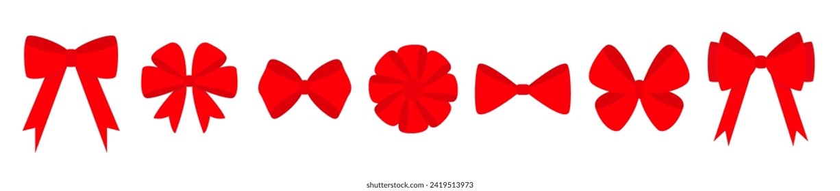 Big red ribbon bows. Christmas bow icon set line. Decoration element for giftbox present. Merry Christmas, New Year sign symbol. White background. Isolated. Flat design. Vector illustration