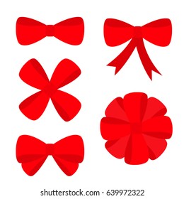 Big red ribbon Christmas bow icon set. Decoration element for giftbox present. Flat design. White background. Isolated. Vector illustration