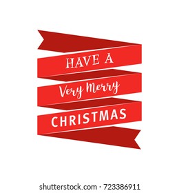 Big red ribbon with Have a Very Merry Christmas text. Vintage background with typography and ribbon