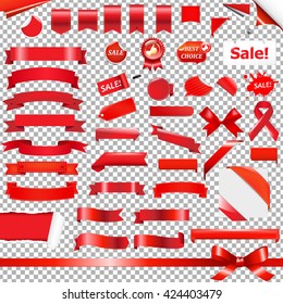 Big Red Ribbon Set, Isolated on Transparent Background, With Gradient Mesh, Vector Illustration