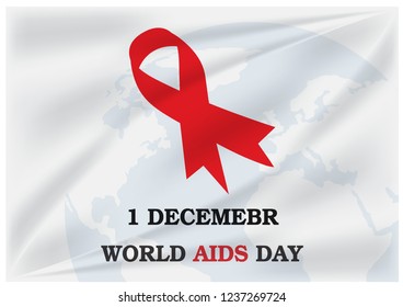 Big red ribbon (the symbol of world aids day) with the day and name of event on earth and white flag background. World AIDS Day poster campaign in vector design.