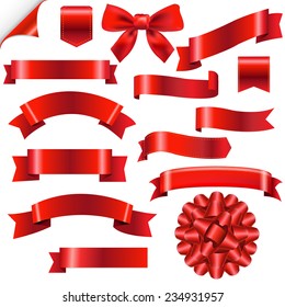 Big Red Ribbons Set With Gradient Mesh, Vector Illustration