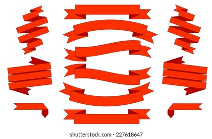 Big Red Ribbons Set, Isolated On White Background, Vector Illustration.