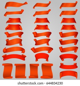 Big Red Ribbons Set, Isolated On Gray Background, Vector Illustration