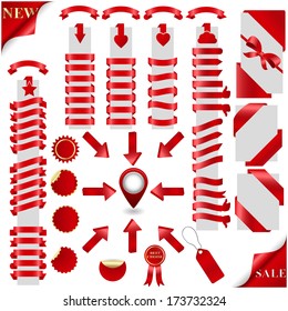 Big Red Ribbons Set and marker with 3d arrow, Isolated On White Background, Vector 