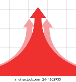 big red rising arrow is followed by other arrows to form a symmetrical image. Describes good financial conditions, growing economy, profitable business