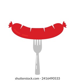 big red sausage strung on metal fork. concept of easy and delicious streetfood or bratwurst. flat simple cartoon style trend modern logotype graphic art design element isolated on white background