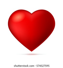 Big red, a scarlet heart isolated on white background with shadow. Elegant symbol, Icon, 3D illustration for use in template for greeting card, shape closeup, red heart icon for web sites and apps.
