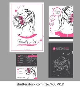 Big red set of hand drawn templates for card, flyer, poster, brochure and leaflet design. Fashion illustration with woman fits for fashion shop, magazine, spa salon, hairdresser salon Vector graphic.