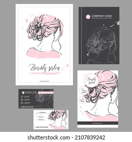 Gran juego rojo de plantillas dibujadas a mano para diseño de tarjetas, volantes, afiches, folletos y folletos. Ilustración de moda con mujer para tienda de moda, revista, salón de spa, peluquería Vector gráfico.