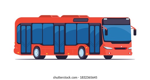 Big red single-Decker bus. Three doors. Side and front view. Vector flat design, isolated on white background. Urban concept.Electric drive vehicles.